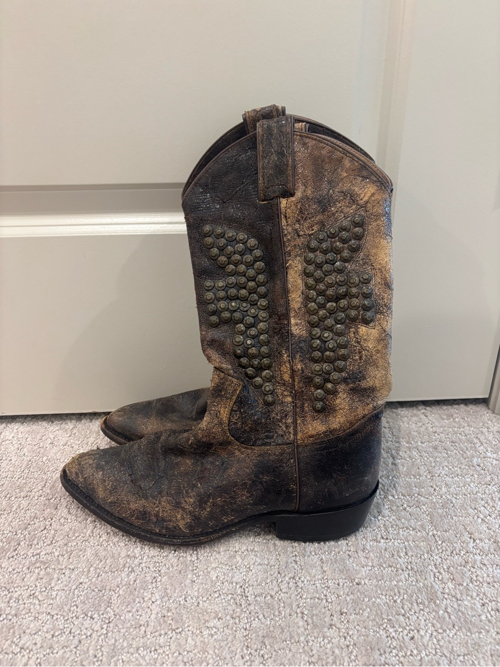 Frye Studded Distressed Brown Leather Cowboy Boots